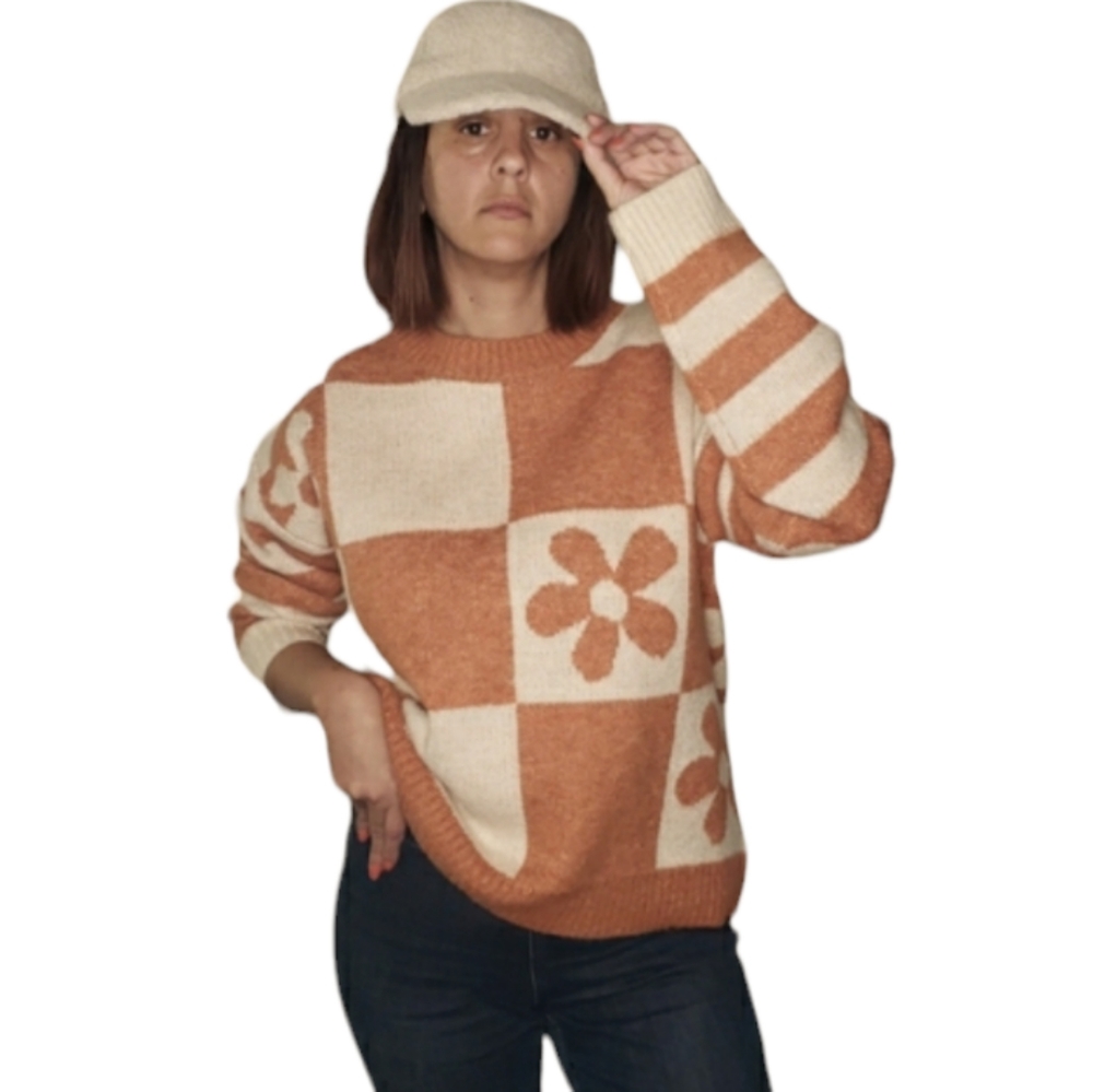 Entro Crew Neck Sweater Checkerboard Stripe Orange Cream Retro Hippie Boho